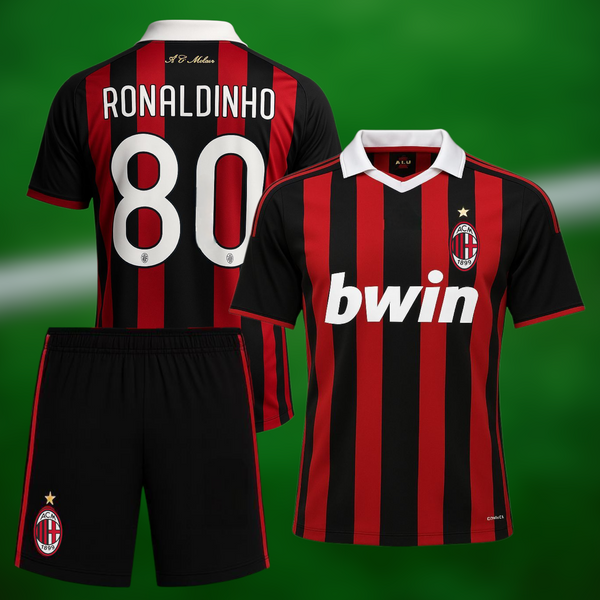 Retro AC Milan 09-10 Hjemmedrakt med Shorts og Ronaldinho trykk - Voksen og Barn