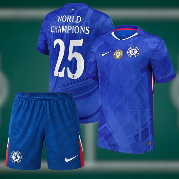 Chelsea 25-26 Hjemmedrakt med shorts og World Champions trykk - Barn og Voksen