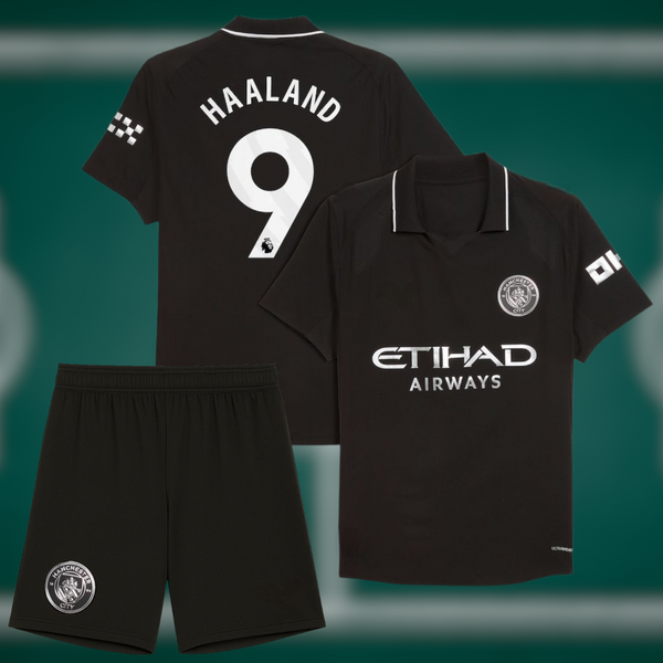 Manchester City 25-26 Bortedrakt med shorts og Haaland trykk - Barn