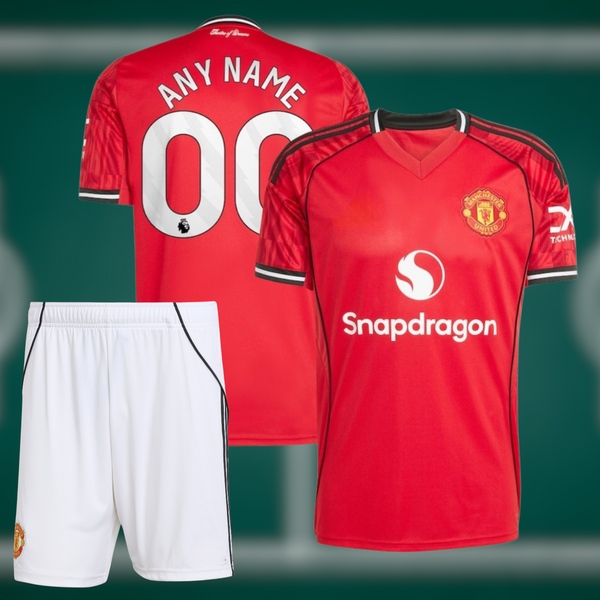 Manchester United 25-26 Hjemmedrakt med shorts og Valgfritt trykk - Barn