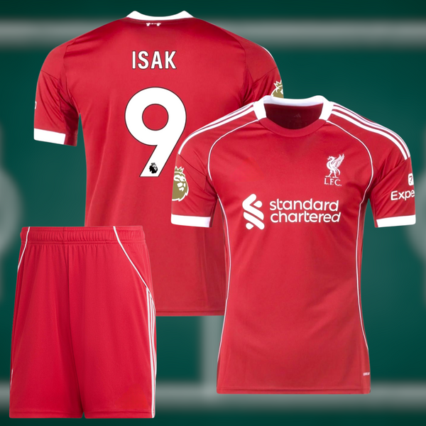 Liverpool 25-26 Hjemmedrakt med shorts og Isak trykk - Barn og Voksen